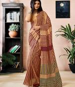 ready to wear brown chanderi cotton screen printed work, ceremony, party and festive saree with blouse