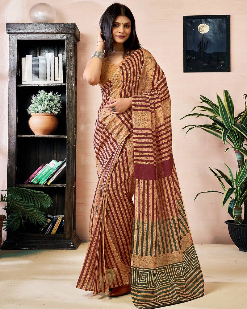 Brown chanderi cotton screen printed work, ceremony, party and festive ready to wear saree with blouse