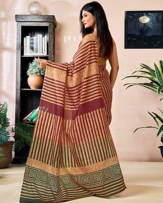 pre draped brown chanderi cotton screen printed work, ceremony, party and festive saree 2