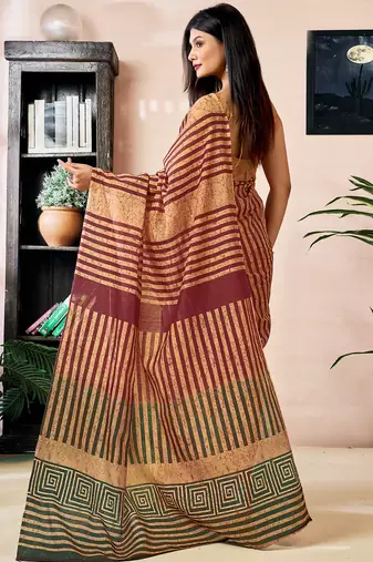 pre draped brown chanderi cotton screen printed work, ceremony, party and festive saree