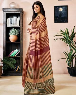pre draped brown chanderi cotton screen printed work, ceremony, party and festive saree 3