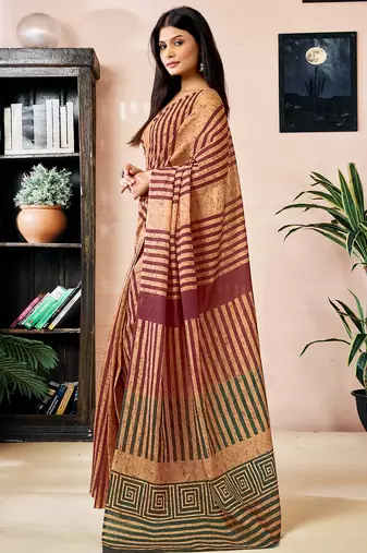 pre draped brown chanderi cotton screen printed work, ceremony, party and festive saree