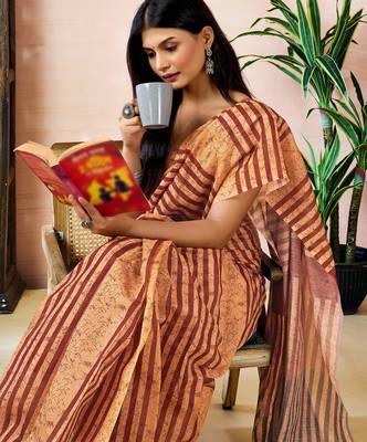 pre draped brown chanderi cotton screen printed work, ceremony, party and festive saree 4