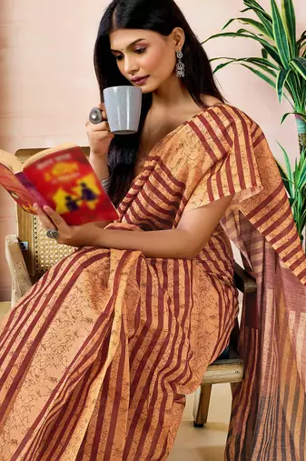 pre draped brown chanderi cotton screen printed work, ceremony, party and festive saree