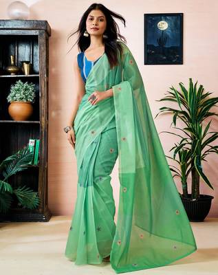 ready made green chanderi cotton screen printed work, ceremony, party and festive saree 1