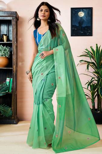 Green chanderi cotton screen printed work, ceremony, party and festive ready to wear saree with blouse