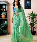 ready to wear green chanderi cotton screen printed work, ceremony, party and festive saree with blouse