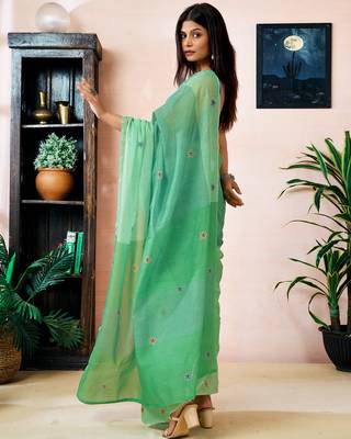 ready made green chanderi cotton screen printed work, ceremony, party and festive saree 2