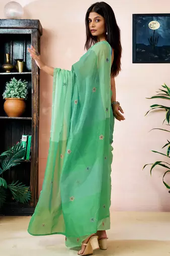ready made green chanderi cotton screen printed work, ceremony, party and festive saree