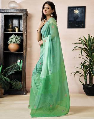 ready made green chanderi cotton screen printed work, ceremony, party and festive saree 3