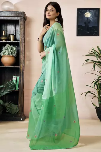 ready made green chanderi cotton screen printed work, ceremony, party and festive saree