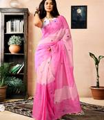 ready to wear pink chanderi cotton screen printed work, ceremony, party and festive saree with blouse