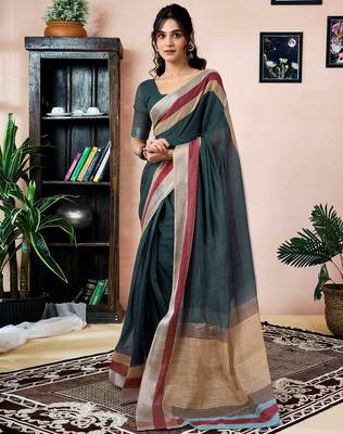 ready to wear grey linen zari screen printed zari work saree 1
