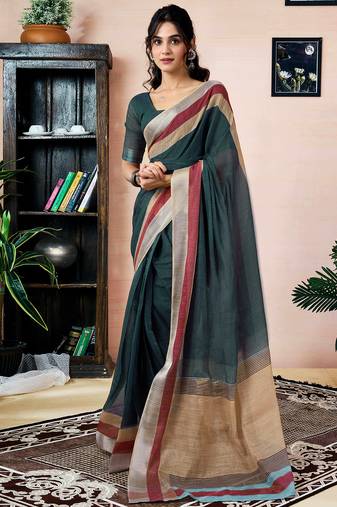 Grey linen zari screen printed zari work pocket work ceremony, party and festive ready to wear saree with blouse