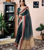 ready to wear grey linen zari screen printed zari work saree with blouse