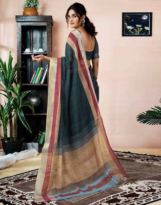 ready to wear grey linen zari screen printed zari work saree 2