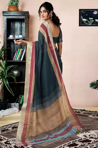 ready to wear grey linen zari screen printed zari work saree