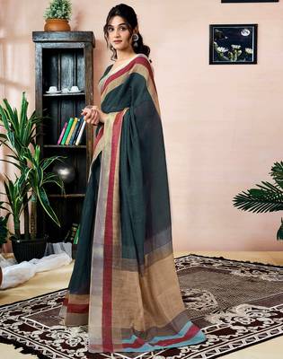 ready to wear grey linen zari screen printed zari work saree 3