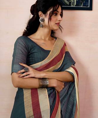 ready to wear grey linen zari screen printed zari work saree 4