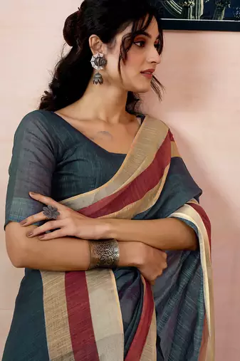 ready to wear grey linen zari screen printed zari work saree
