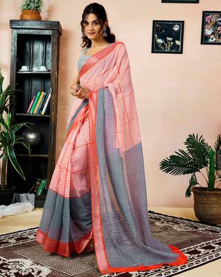 pre draped orange linen zari screen printed zari work saree 1
