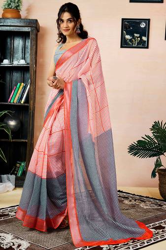 Orange linen zari screen printed zari work pocket work ceremony, party and festive ready to wear saree with blouse