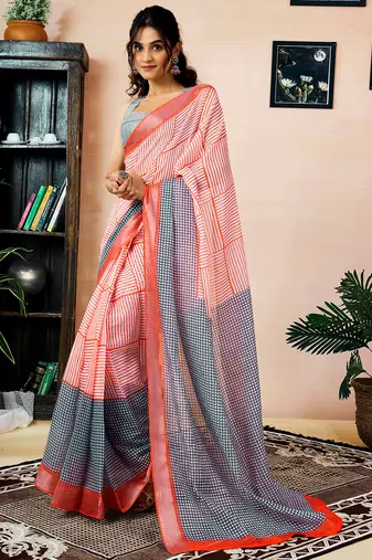 Orange linen zari screen printed zari work pocket work ceremony, party and festive ready to wear saree with blouse