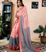 ready to wear orange linen zari screen printed zari work saree with blouse