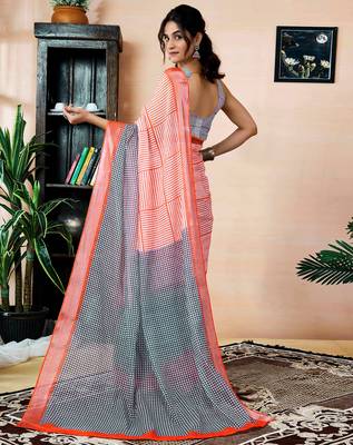 pre draped orange linen zari screen printed zari work saree 2