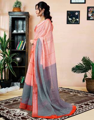 pre draped orange linen zari screen printed zari work saree 3