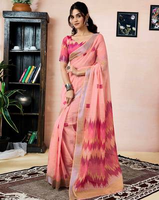 ready made peach linen zari screen printed zari work saree 1