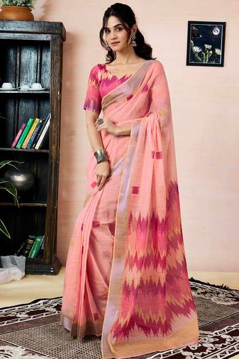 Peach linen zari screen printed zari work pocket work ceremony, party and festive ready to wear saree with blouse