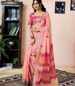 ready to wear peach linen zari screen printed zari work saree with blouse
