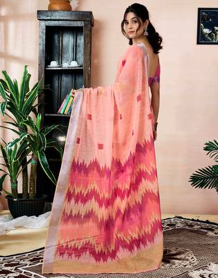 ready made peach linen zari screen printed zari work saree 2