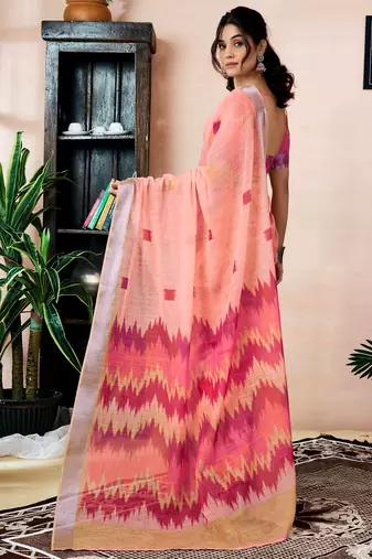 ready made peach linen zari screen printed zari work saree