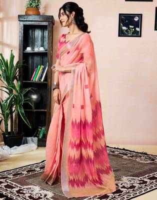 ready made peach linen zari screen printed zari work saree 3