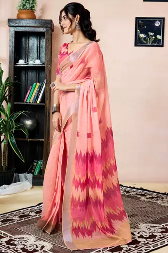 ready made peach linen zari screen printed zari work saree