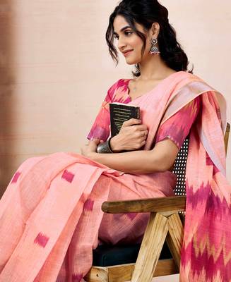 ready made peach linen zari screen printed zari work saree 4