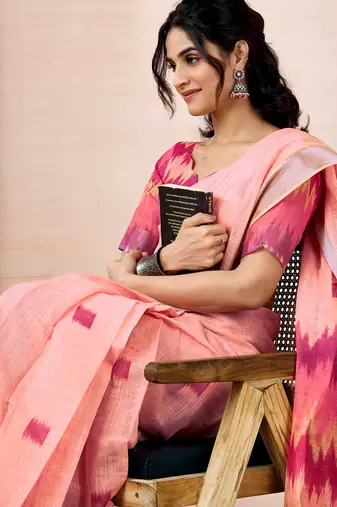 ready made peach linen zari screen printed zari work saree