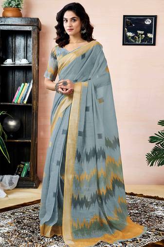 Grey linen zari screen printed zari work pocket work ceremony, party and festive ready to wear saree with blouse