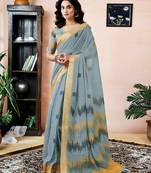ready to wear grey linen zari screen printed zari work saree with blouse