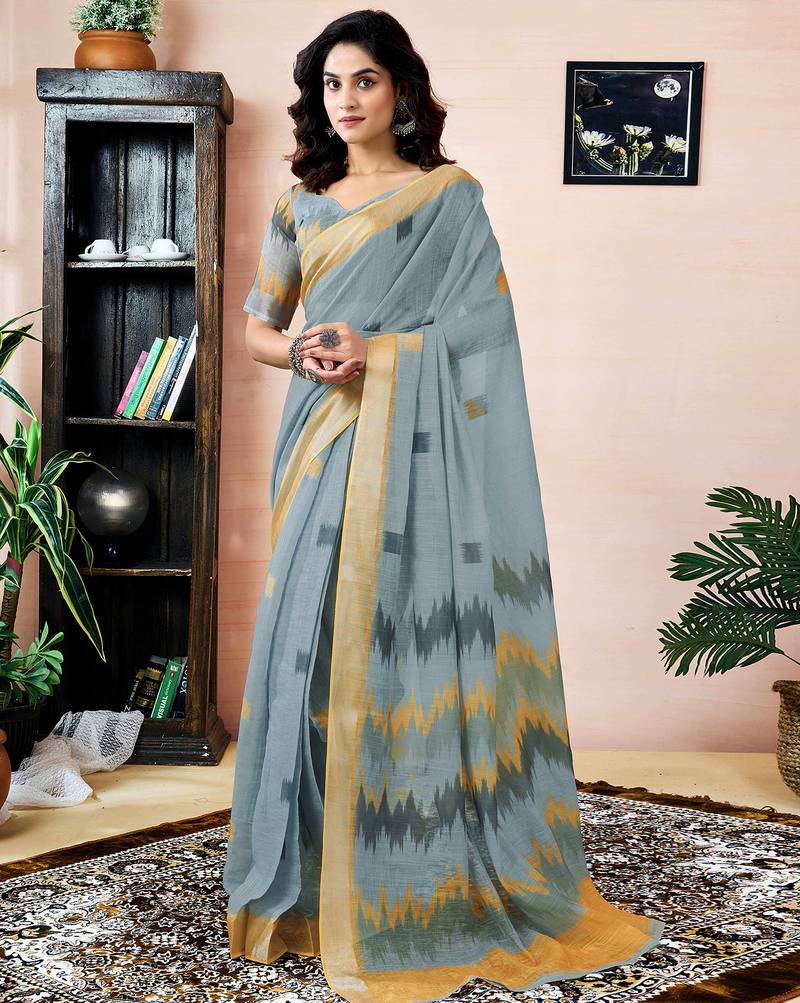 Grey linen zari screen printed zari work pocket work ceremony, party and festive ready to wear saree with blouse