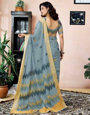 pre-stitched grey linen zari screen printed zari work saree 2