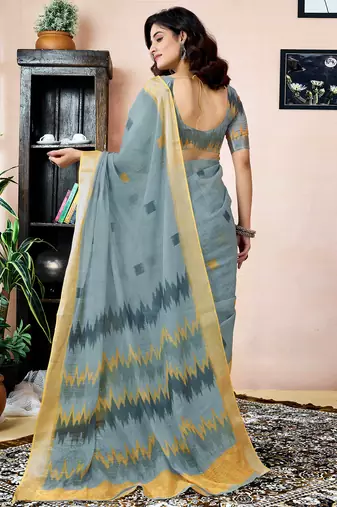 pre-stitched grey linen zari screen printed zari work saree