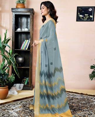 pre-stitched grey linen zari screen printed zari work saree 3