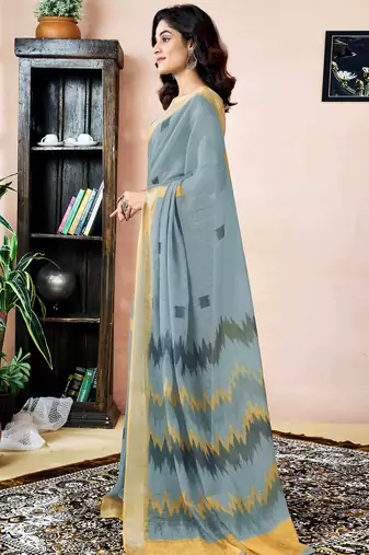 pre-stitched grey linen zari screen printed zari work saree