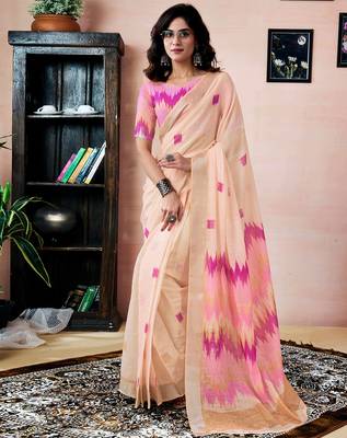 ready to wear cream linen zari screen printed zari work saree 1