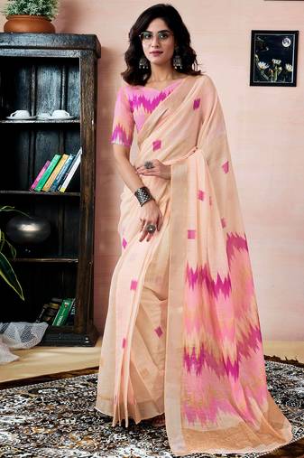 Cream linen zari screen printed zari work pocket work ceremony, party and festive ready to wear saree with blouse