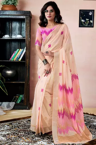 Cream linen zari screen printed zari work pocket work ceremony, party and festive ready to wear saree with blouse
