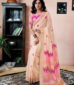 ready to wear cream linen zari screen printed zari work saree with blouse